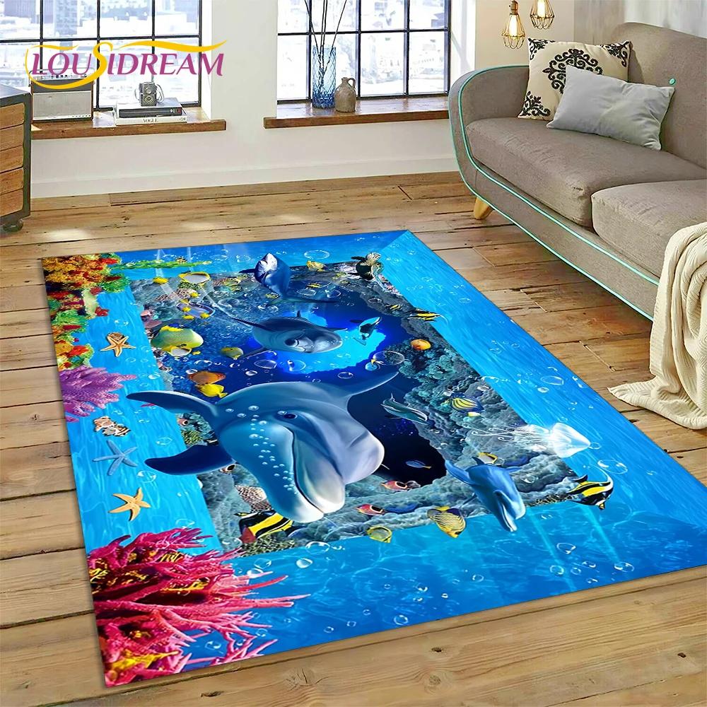 3D Illusion Underwater World Seabed Shark Dolphin Cartoon Carpet Rug for Bedroom Living Room Sofa Decoration,Kid Decor Floor Mat