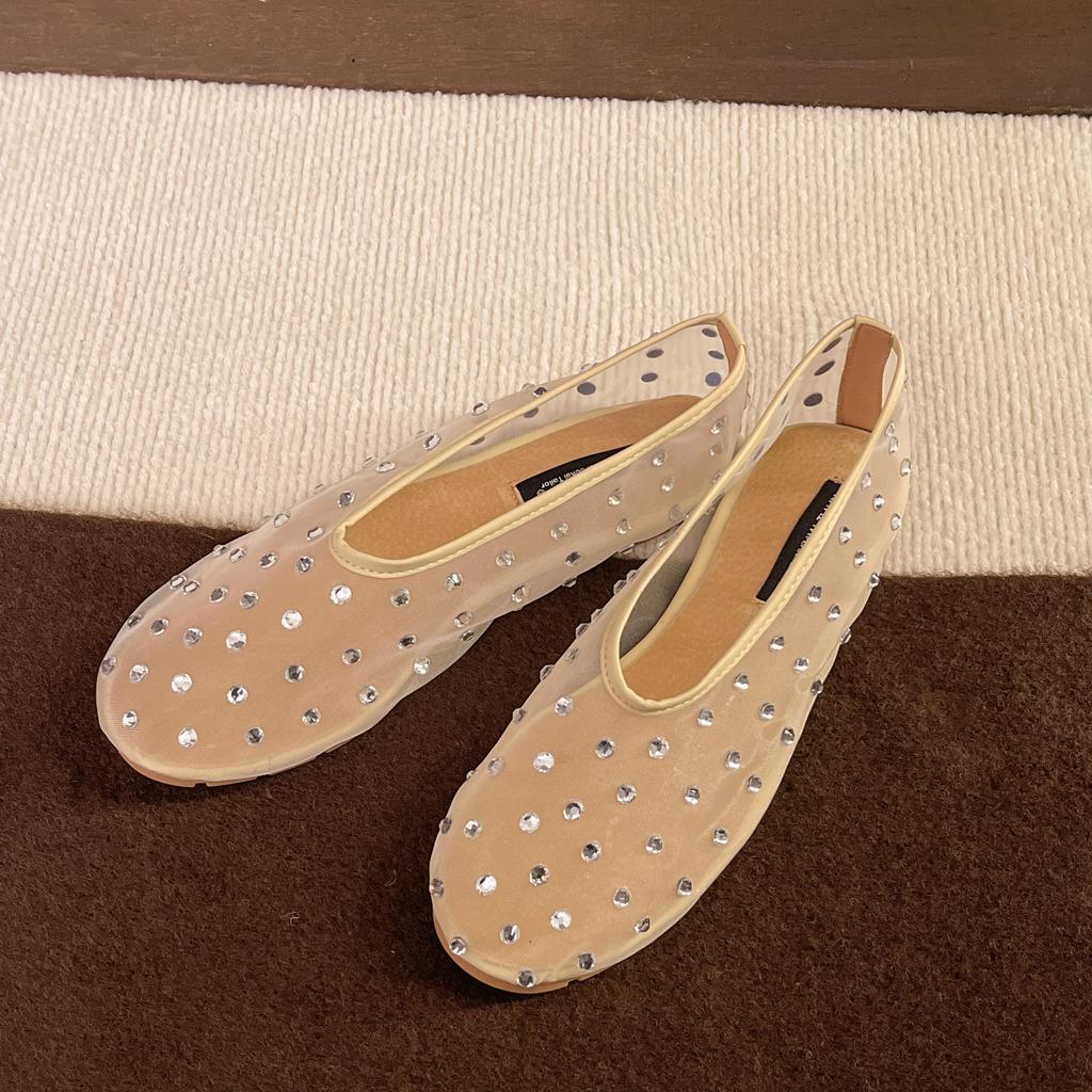 Mesh rhinestone Mary Jane single shoes women's spring and summer new shallow mouth versatile ballet shoes fashionable large size sandals