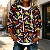 Women's Casual 3/4 Sleeve Hooded Christmas Print Top Festive Pullover T-Shirt for Holiday Outfits
