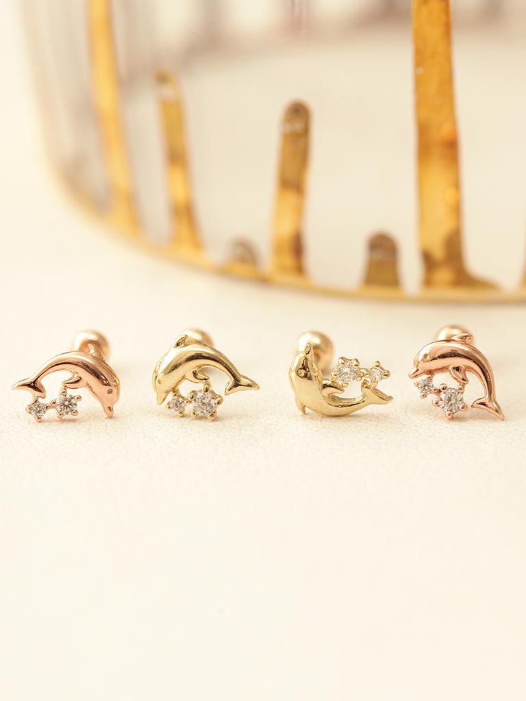Minimalpiercing 14K Mini Cubic Dolphin Piercing Earrings