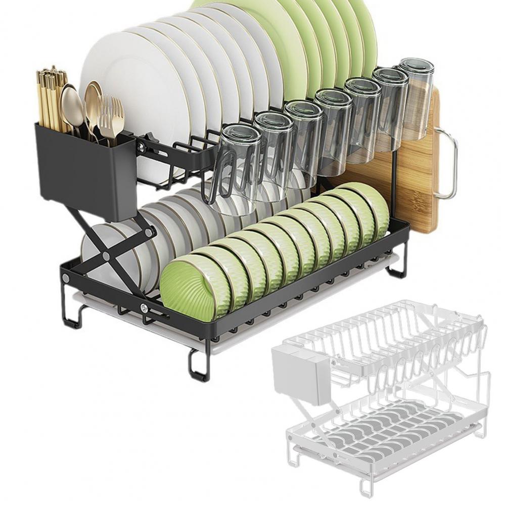 Drain Dish Rack with Wine Glass Holder Strong Load-bearing Height Adjustable 2-Tier Kitchen Counter Drying Rack Utensil Holder