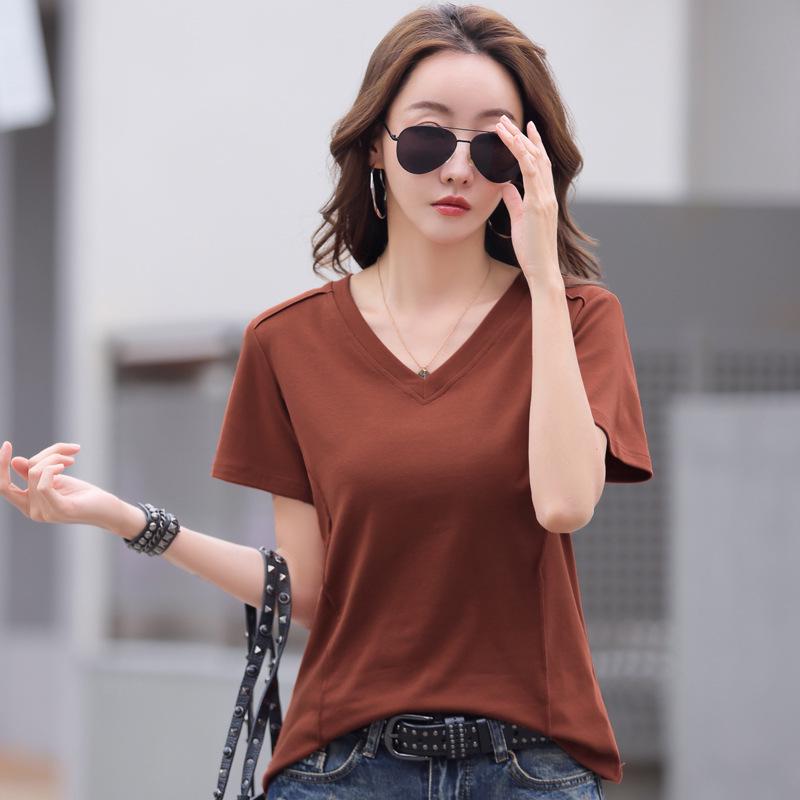 

Korean Style V-Neck Cotton Short Sleeve Women s T-Shirt, Solid Color, Loose Fit, Plus Size, Spring/Summer Collection XL