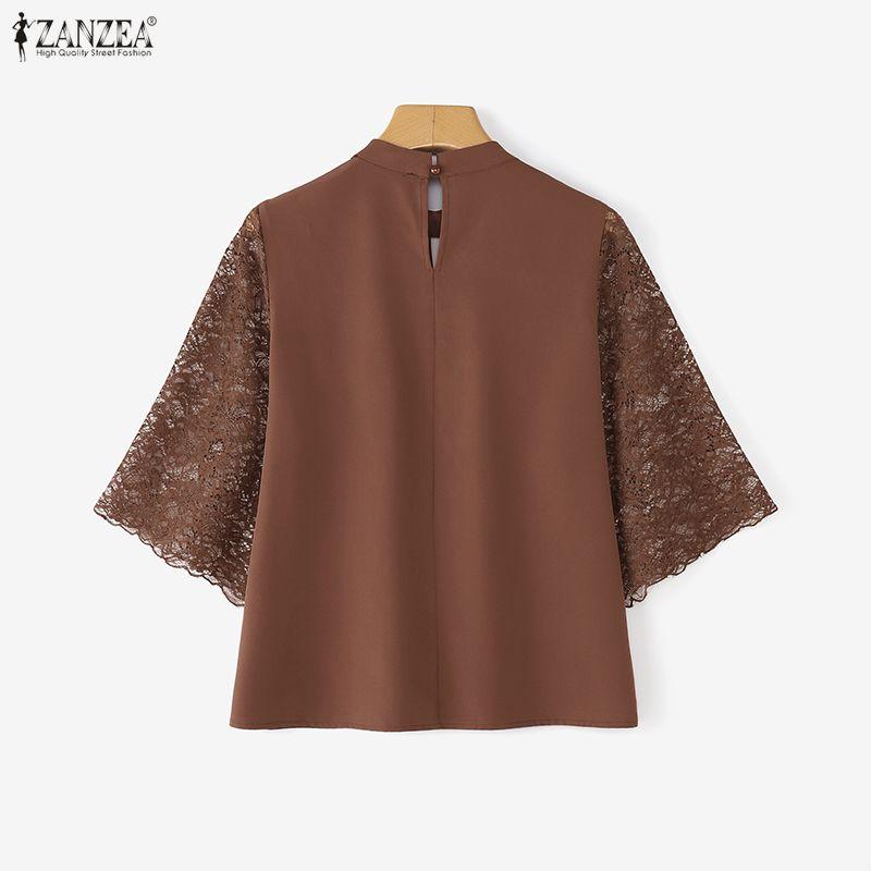 ZANZEA Bluză de damă cu gât rotund, dantelă aplicată și mâneci trei sferturi