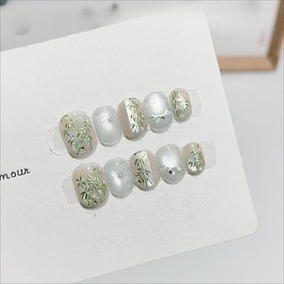 Chinese Style Wear Armor High-end Hand-painted Green Magic Mirror Bamboo Lamp Plate Cat Eye Pull Line Handmade Manicure Finished Product