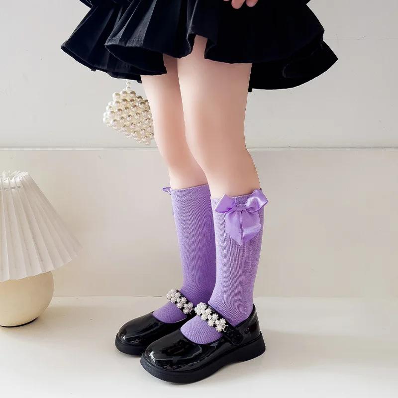 Girls Princess Bow Mid Calf Socks Spring Autumn Solid Student Dance Long Tube Socks For Little Kids