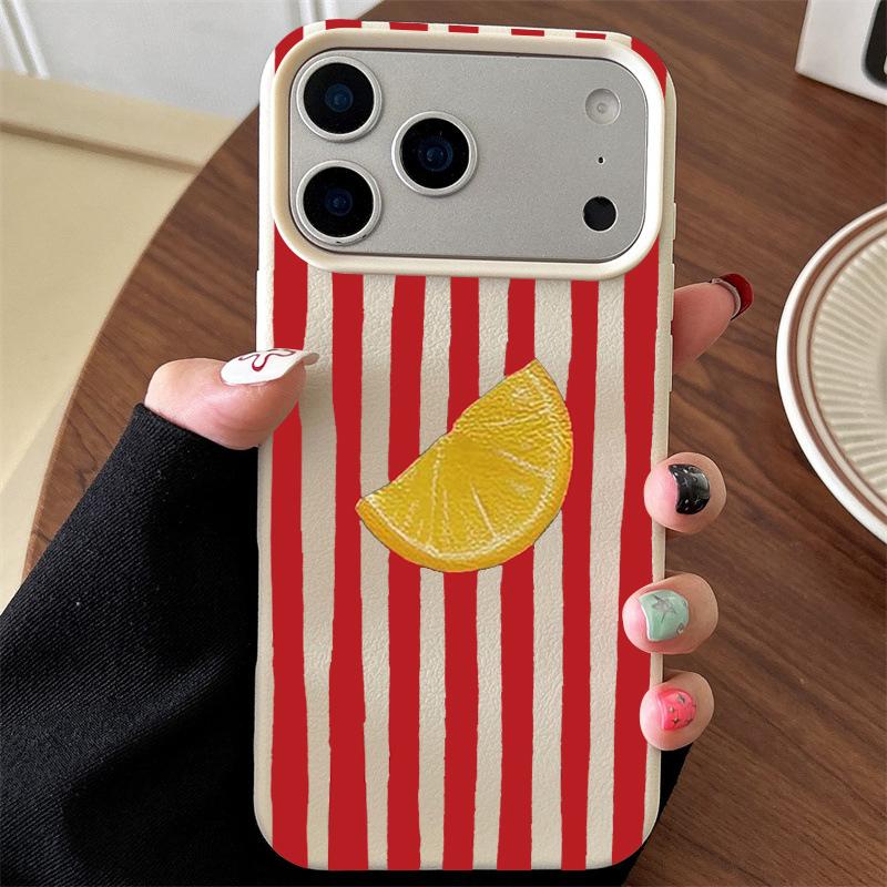 Red-striped Orange Soft Phone Case For IPhone 17 Air 13 Pro 13 12 11 14 15 16 17 Pro Max ShockProof Lichee Pattern Silicone Case