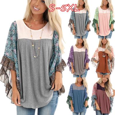 Women's Bat Sleeve Tops Casual Tee O Neck Loose Shirt