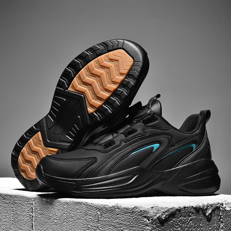 Waterproof Leather Sports Shoes for Men with Rotating Buttons, No Need to Tie Laces, Non-Slip, Large Size Youth Running Shoes