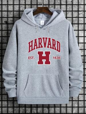 Harvard Print Hooded Sweatshirt - Soft Slight Stretch Polyester Fabric for Comfortable Casual Wear Autumn Seasons