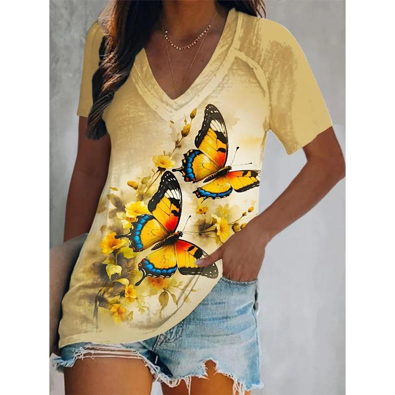 3D Printed Short Sleeve Butterfly Floral Print Women's V-Neck T-Shirt Summer Loose Women's Casual Short Sleeve Top
