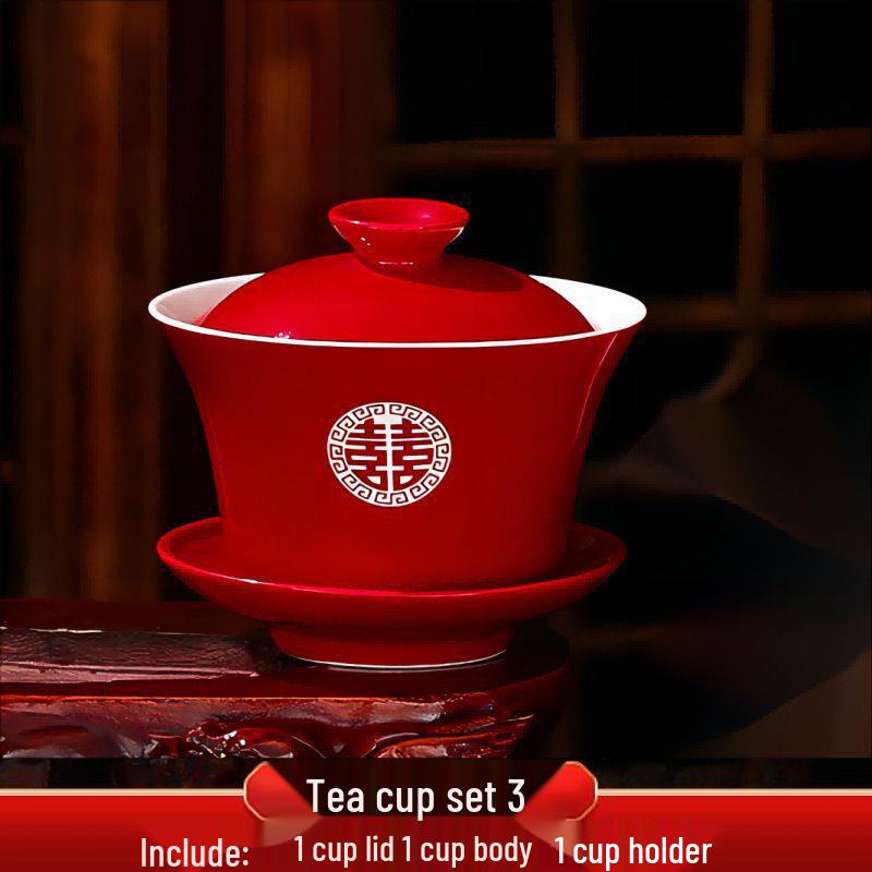 Red Wedding Tea Set: Cup Pair, Bowl, Chopsticks, Toasting Collection