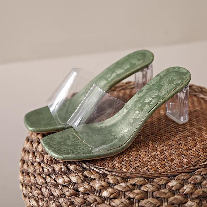 Fashion Explosive Crystal Heel Cool Mopping Summer New Square Toe Versatile Outward Wear Transparent One-band Block Heel Sandals