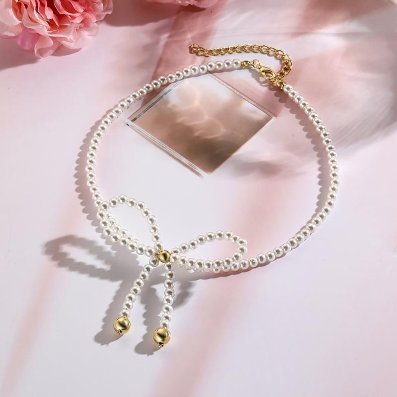 Handmade Butterfly Pendant Jewelry Set Imitation Pearls Beaded Bow Knot Necklace Earrings Bracelet Elegant Accessory