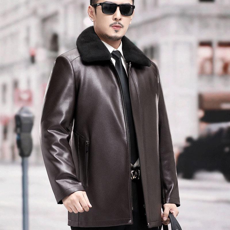 

Пальто из натуральной кожи, пальто с воротником из норки, мужское пальто среднего возраста, овчина, теплый золотистый мех норки Nikon 6XL