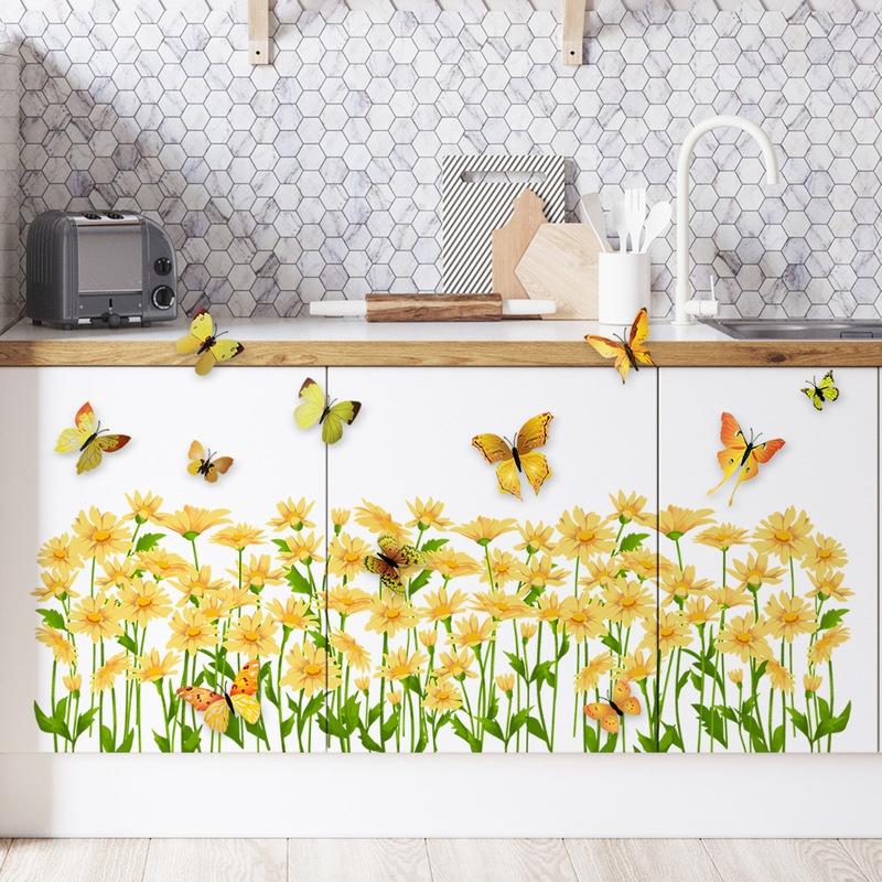 New Green Plant and Yellow Flower Butterfly Wall Stickers Ins Living Room Background Wall Room Decoration Wall Paper Self-adhesive