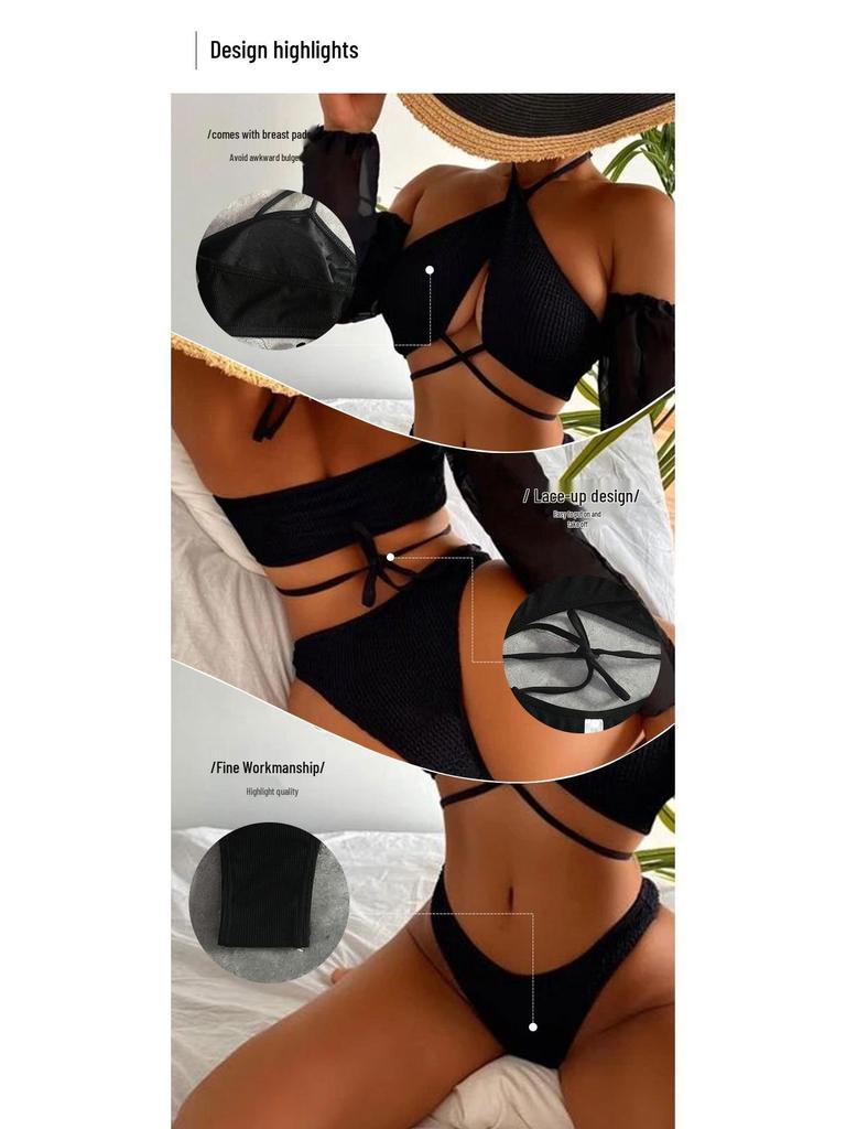 Damen Dreiteiliger Langarm-Bikini-Set - Gestreifter und Einfarbiger Badeanzug