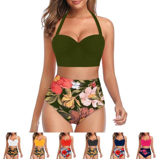 Usztywniany bez fiszbin dwuczęściowy zestaw bikini Halter Biustonosz Figi z nadrukiem słonecznika Stroje kąpielowe na plażę