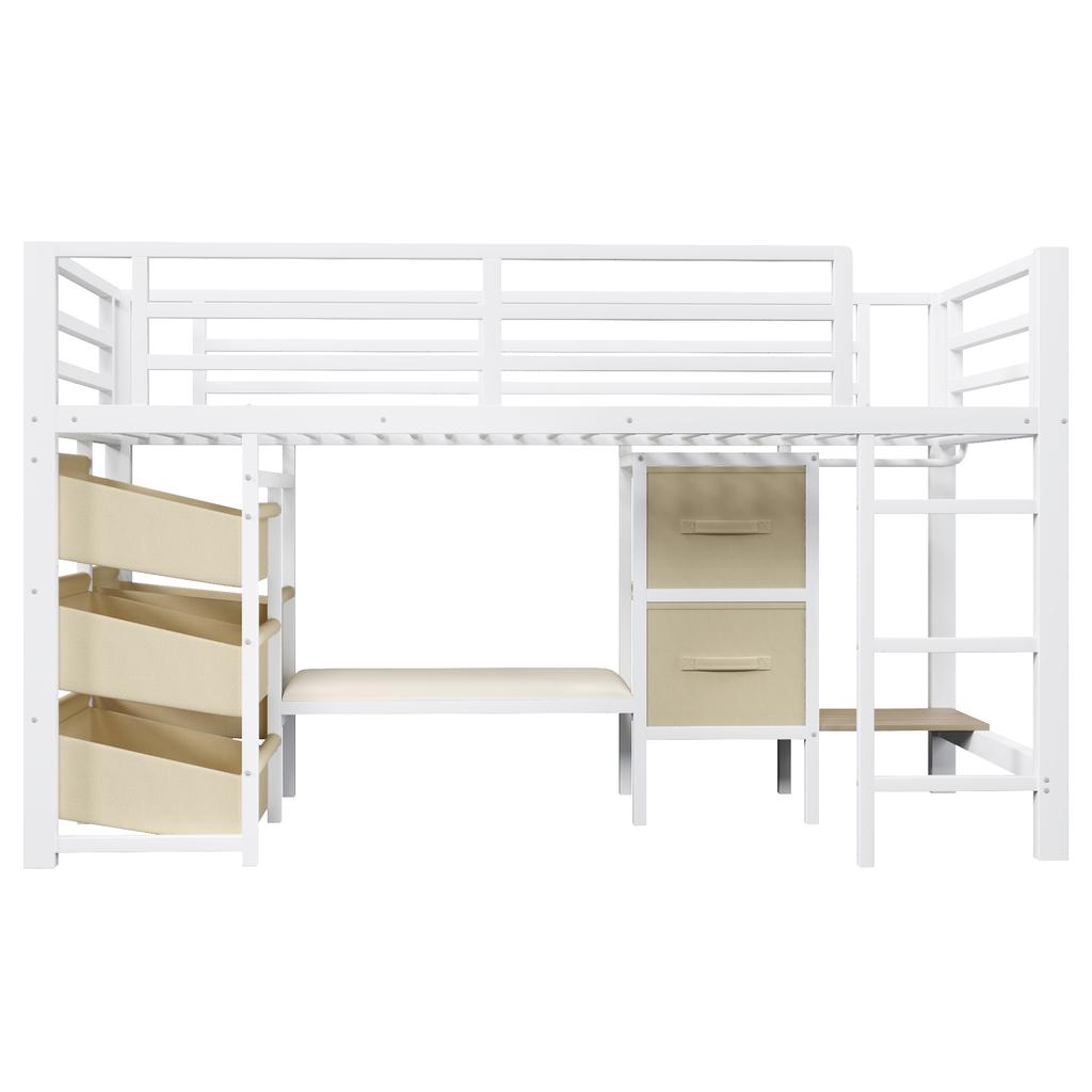 90*200 cm, halbhohes Bett, Sitzkissen, Stoff-Stauraumschublade, Aufbewahrungstasche, mehrfarbige LED-Beleuchtung, Kleiderhaken, Metall, ohne Matratze, weiß