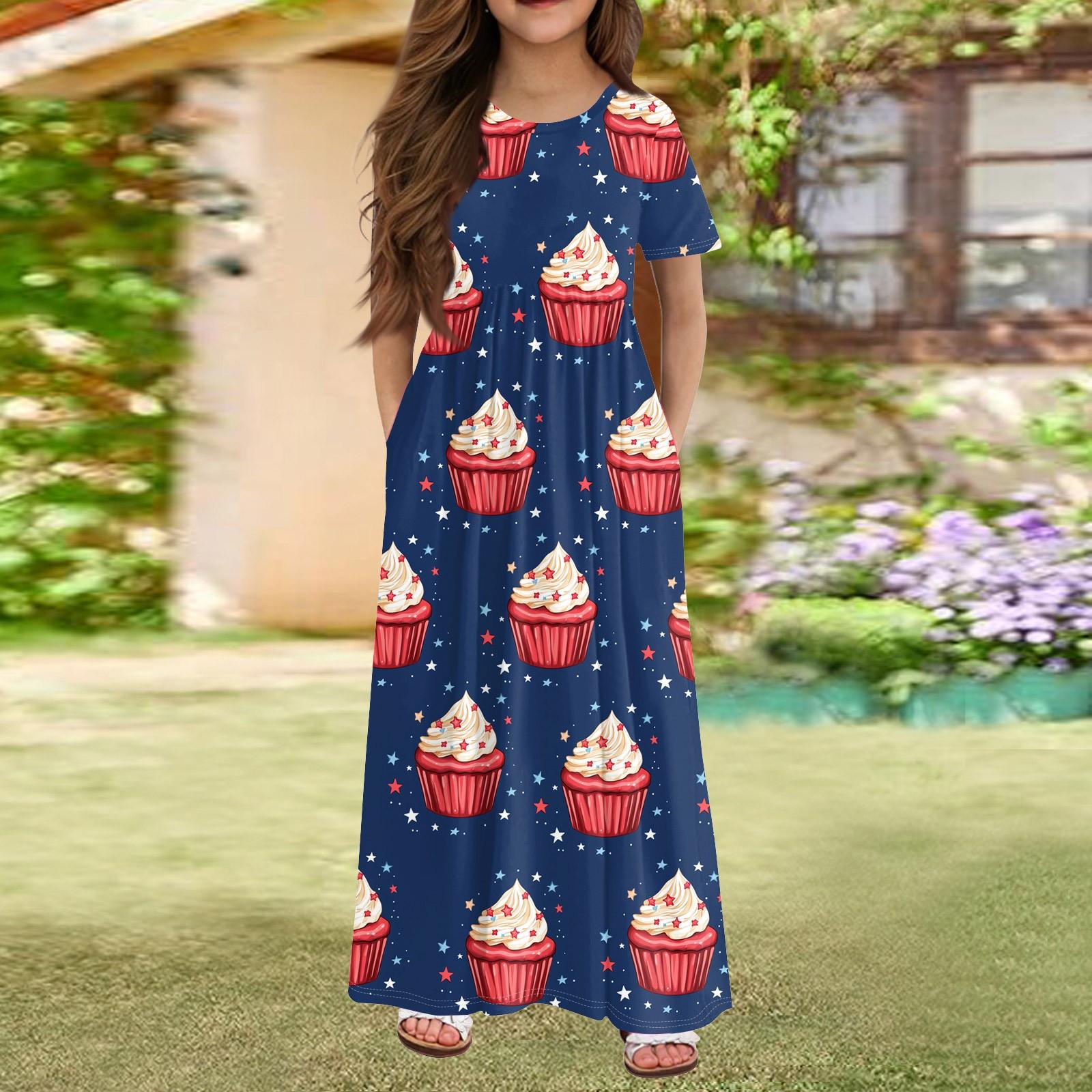 

Длинное летнее платье для девочек - платье макси с короткими рукавами и карманами для детей 4-14 лет 120 тёмно-синий