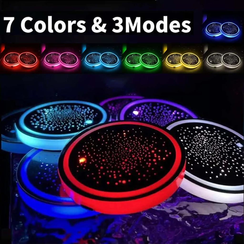 2PCS LED Car Cup Holder Lights, Light Up Car Coasters For Cup Holders 7 Colors Changing USB Charging Mat Waterproof Cup Pad, Car Gifts For Men &