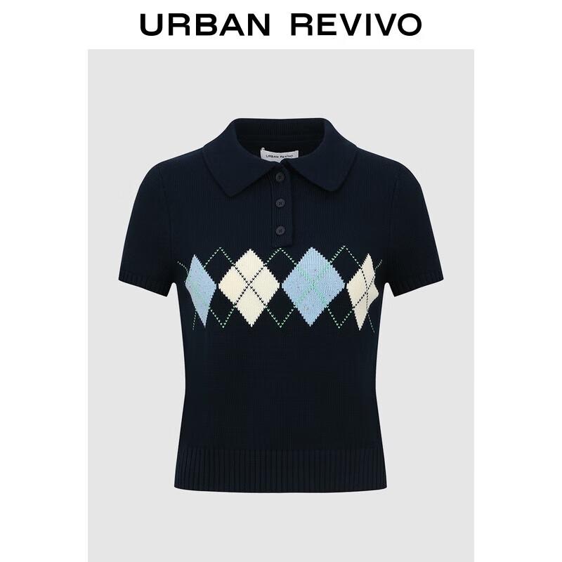 UR Women's Argyle Short Sleeve Polo Knit Top
