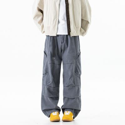 Solid Color Deconstruction Overalls Men's Ruffian Handsome Big Pocket Casual Pants Design Sense Pure Cotton Green Straight Wide-leg Pants