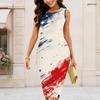 Women Plus Size Round Neck Sleeveless Firework Print Navy Blue Bodycon Midi Dress