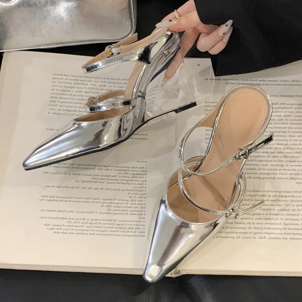 Fashion Designer Buckle Strap Women Slippers Pointed Toe Crystal Wedges Heels Mules Slippers Banquet Party Shoes