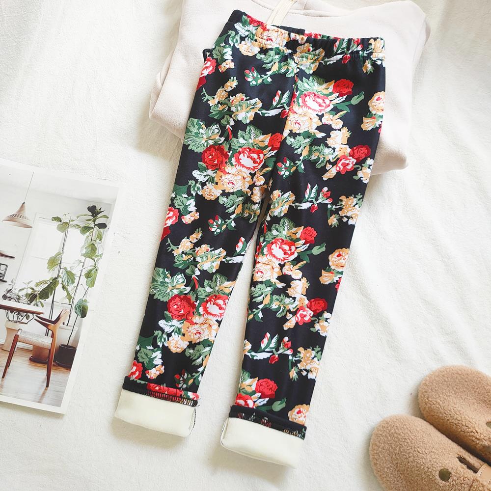 Floral Print Autumn Winter Thickened Warm Kids Pants Baby Girl Velvet Leggings Children's Trouser