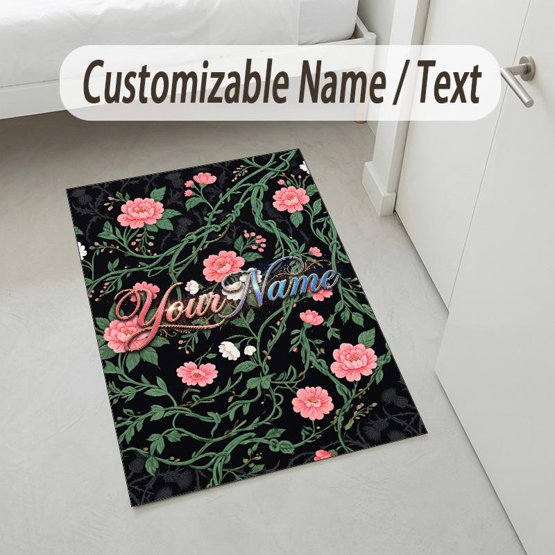 Floral Theme Soft Crystal Velvet Rug Custom Name & Text Print Non Slip Floor Rug for Bedroom Living Room