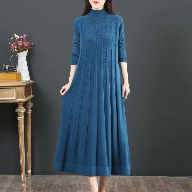 Abito Maglia Midi da Donna Collo Semi-Alto Manica Lunga Abito Maglione Dritto Indumento Interno Invernale Capo Esterno Taglie Forti