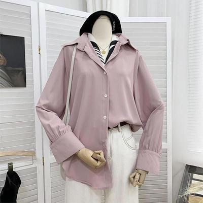 HI-FASHION Chiffon Blouse Women's White Long Sleeve Lapel Tops Spring Korean Shirt Solid Color Loose Shirt Women Plus Size