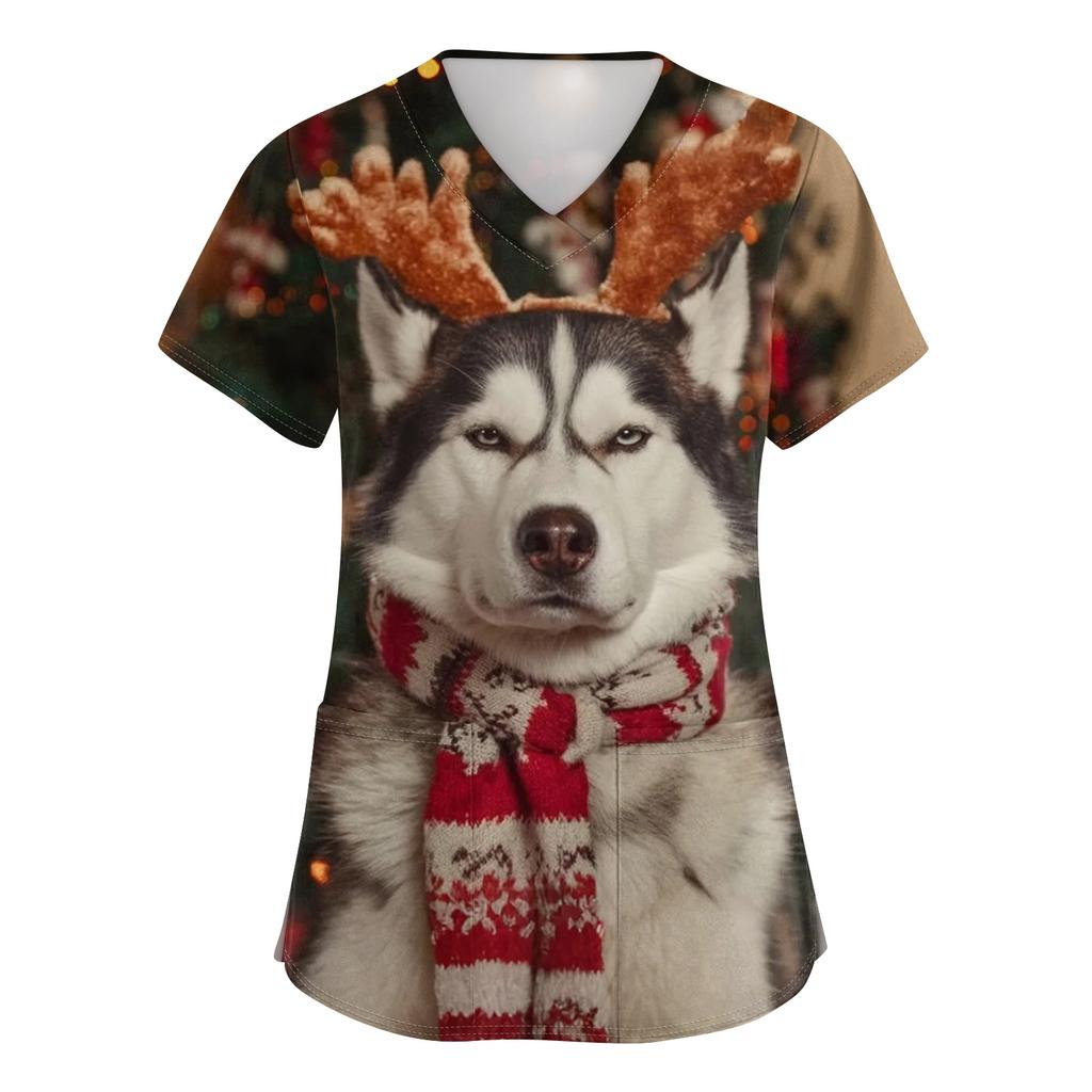 Women's V-neck Christmas printed short-sleeved pocket side-slit protective suit top