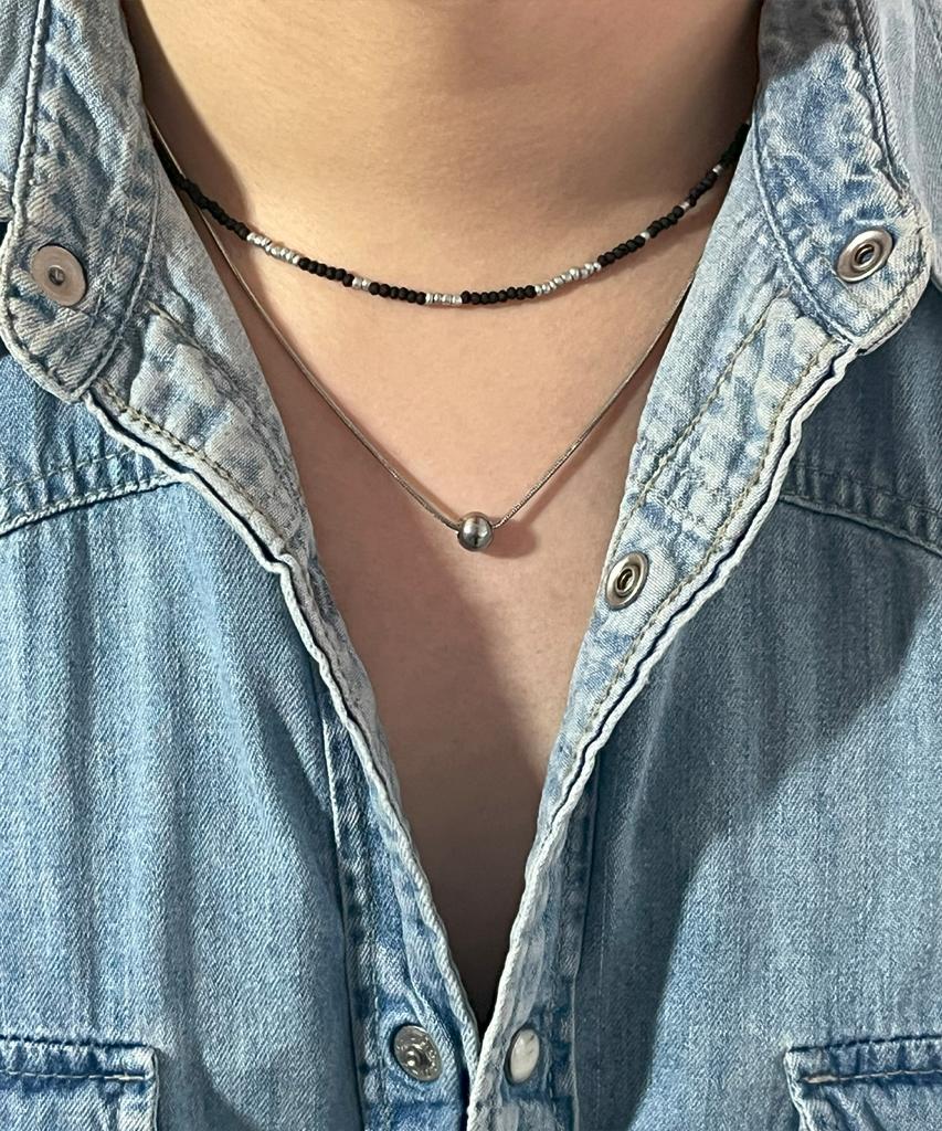 Ssy [Set] Handmade Glass Bead & Silver Ball Layering Necklace