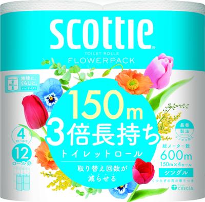 Scotty Flower Pack 3x Longer Lasting Toilet 4 Single Paper, Rolls, 150m,