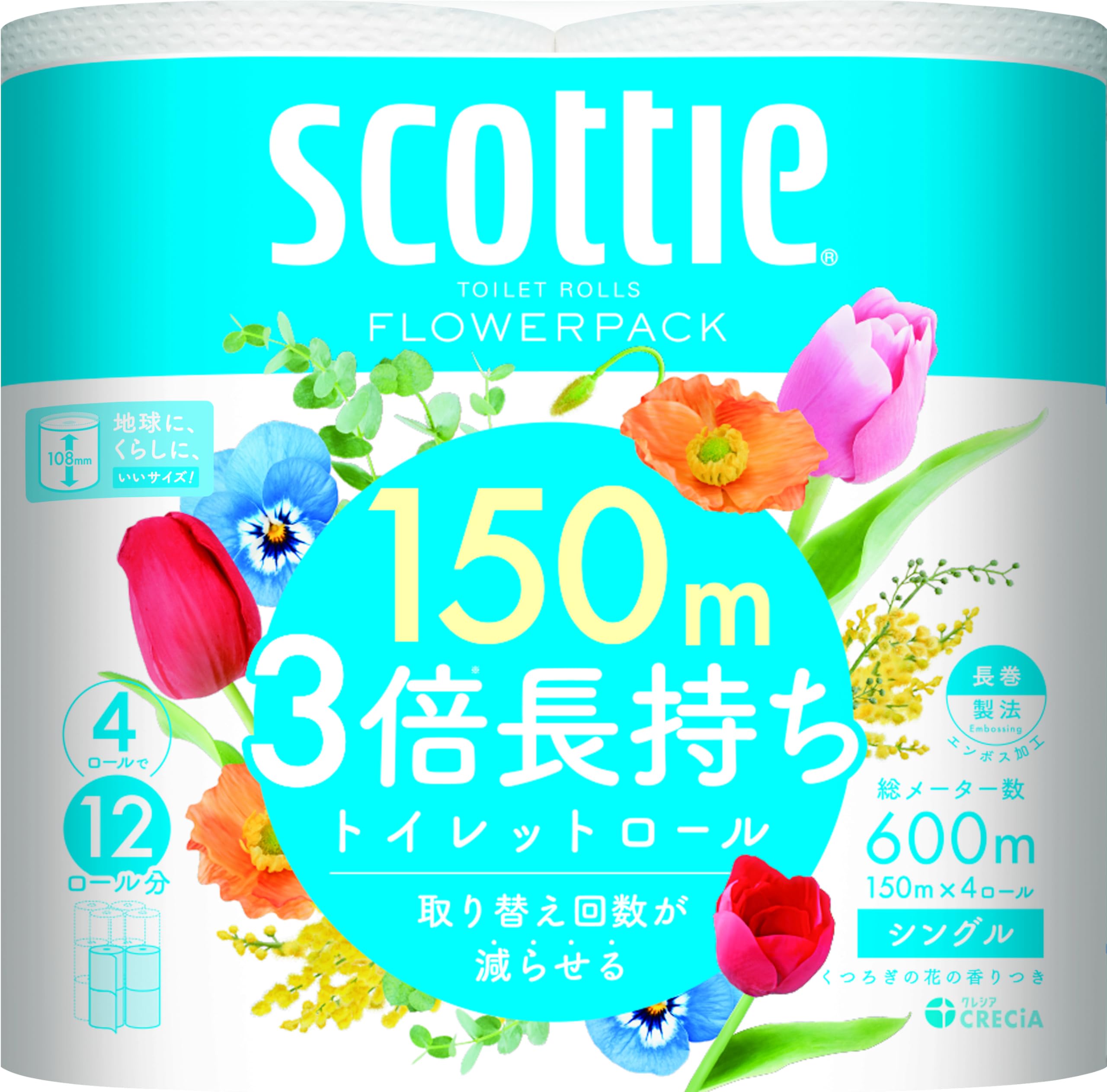 Scotty Flower Pack 3x Longer Lasting Toilet 4 Single Paper, Rolls, 150m, белый