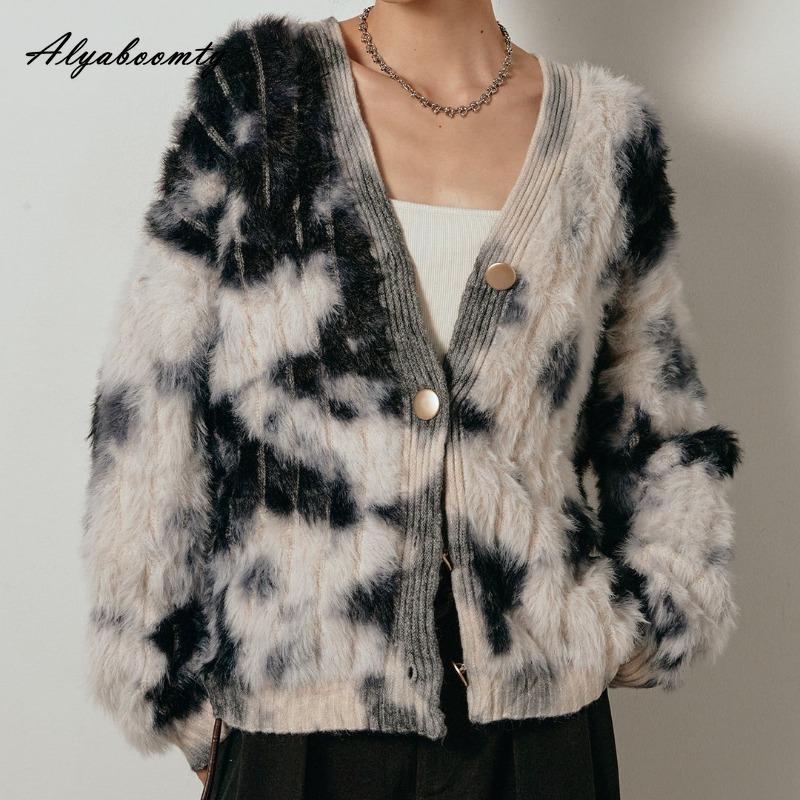 Korean Fashion Autumn Winter Women Cardigan V Neck Fluffy Knitted Outerwear Contrast Color Knitting Warm Soft Overcoat