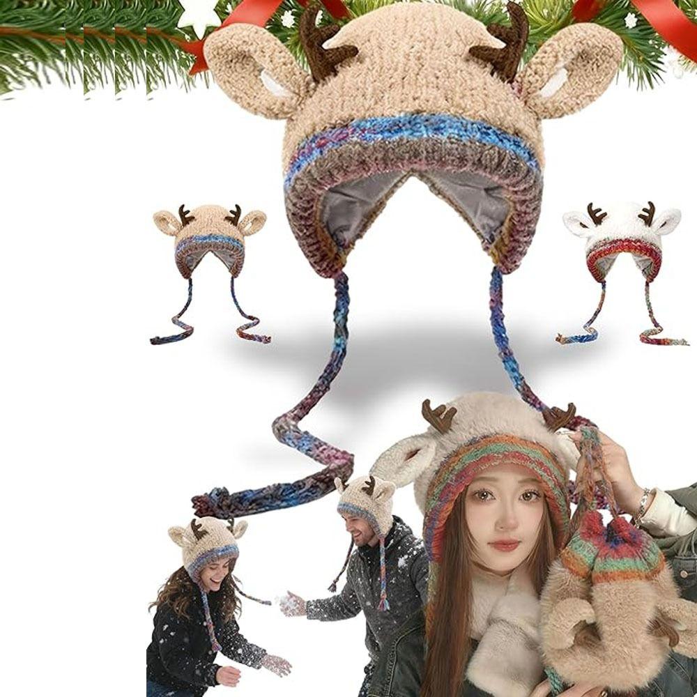 Plush Fur Knitted Deer Antler Hat Windproof Festival Christmas Antler Hat New Ear Flap Hat  Outdoor