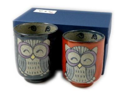Arita Hasami Shoho Brocade Owl Pair of Teacups and Wife 20815 Ware, Kiln, Design, (husband Teacups)
