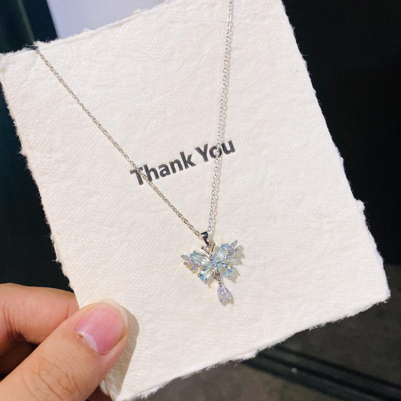Blue Crystal Zircon Tassel Butterfly Choker Necklace Translucent Versatile Delicate Fresh Fairy