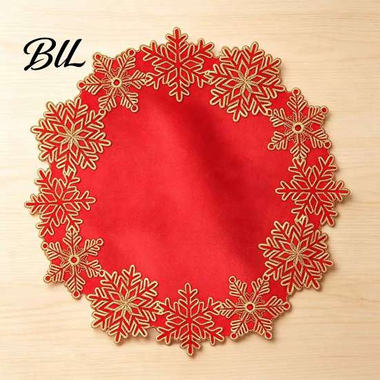Holiday Gift for Family Christmas Embroidered Placemat, Red And Gold Snowflake Table Protective Covers Dinner Mat, Heat Resistant Polyester Decorative