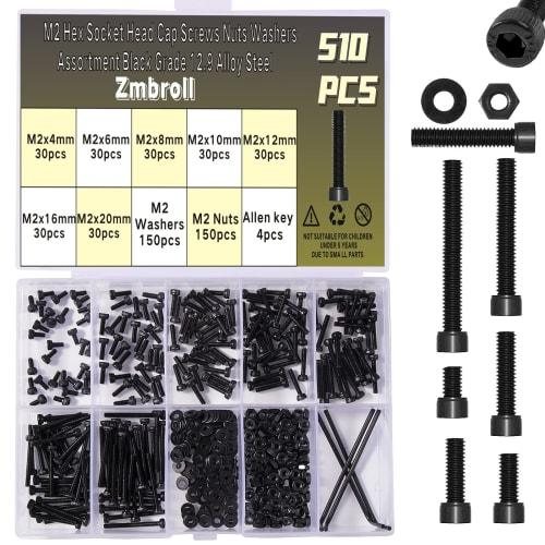 Zmbroll 510pcs M2 Socket Cap Screws, Metric Hex Bolts, Nuts, Washers, 12.9 Grade Alloy Steel Screws, Hex Socket Head Cap, Small Machine Screw Kit with
