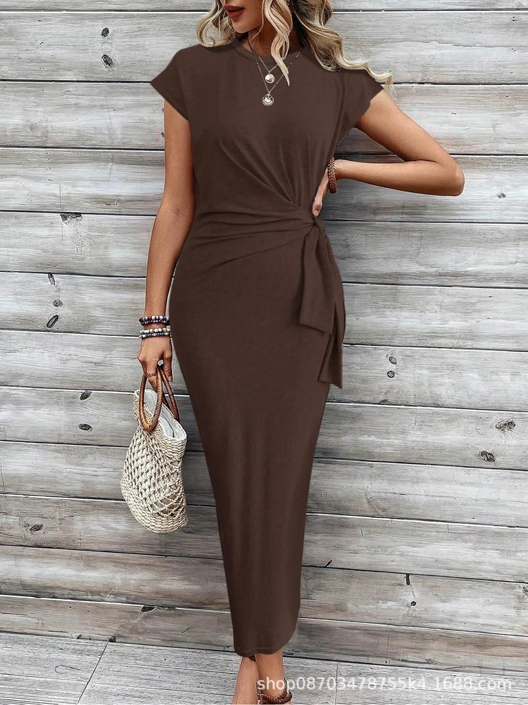 Sommer Damen Langer Rock O-Ausschnitt Kurzarm Gestreift Tailliert Mode Schlank-schlank Urlaub Party Freizeitkleid