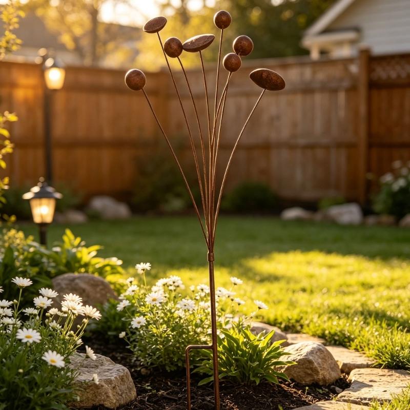 Aged Brown Flower Yard Sculpture with Slender Iron Stems and a Twin-Point Soil-Insert Base for Adding Country Character Among Garden Flowers