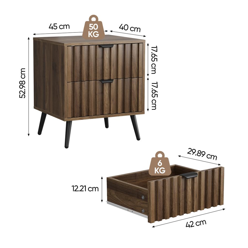Table de chevet moderne avec design encastré et deux tiroirs, Convient pour la chambre à coucher, le couloir, le salon et la chambre d'enfants, Noyer, 45 x 40 x 53 cm, 1 pièce