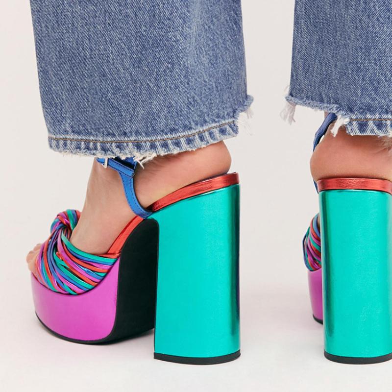 Marke Multicolor Woven Catwalk Sandalen Fisch Mund High Heels Plattform Frauen Schuhe Große Größe 43 Dicke Heels Bankett Schuhe