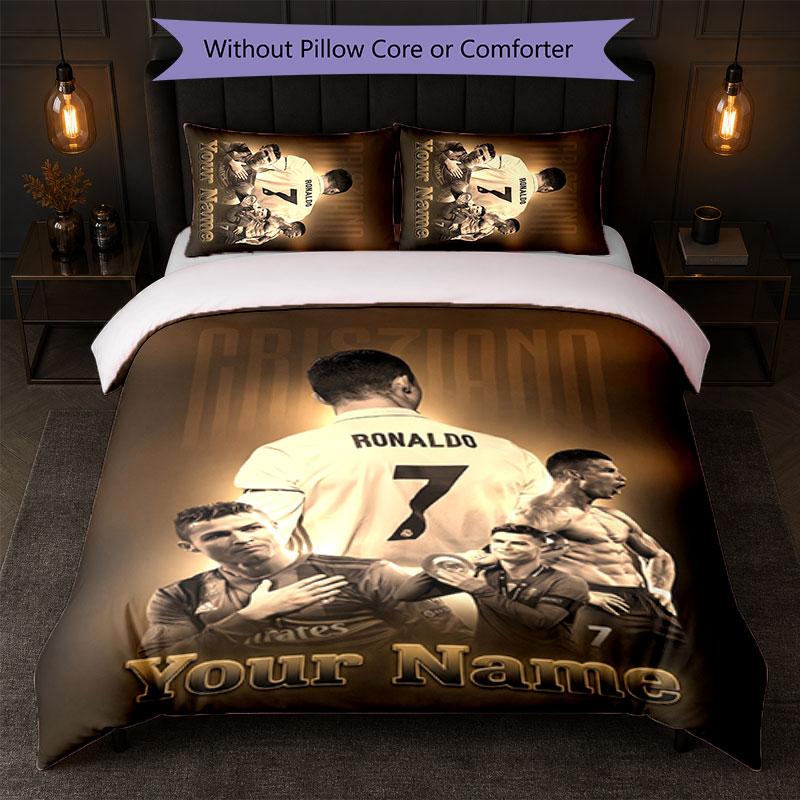 Set Biancheria da Letto Personalizzato Cristiano Ronaldo con Nome Testo 1 Copripiumino+2 Federe Logo Calcio Regalo Personalizzato per Occasione Speciale Arredamento Camera da Letto