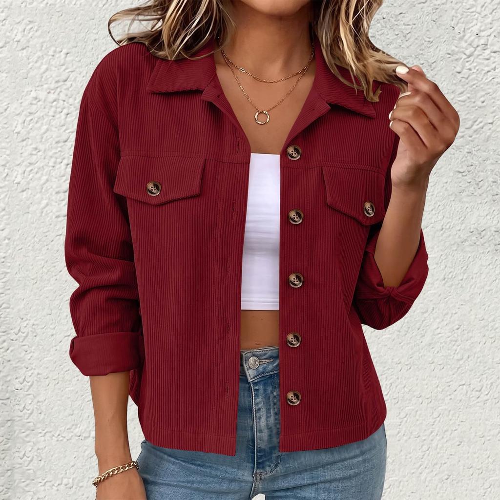 Corduroy Jacket Women Long Sleeve Button Down Cropped Jacket
