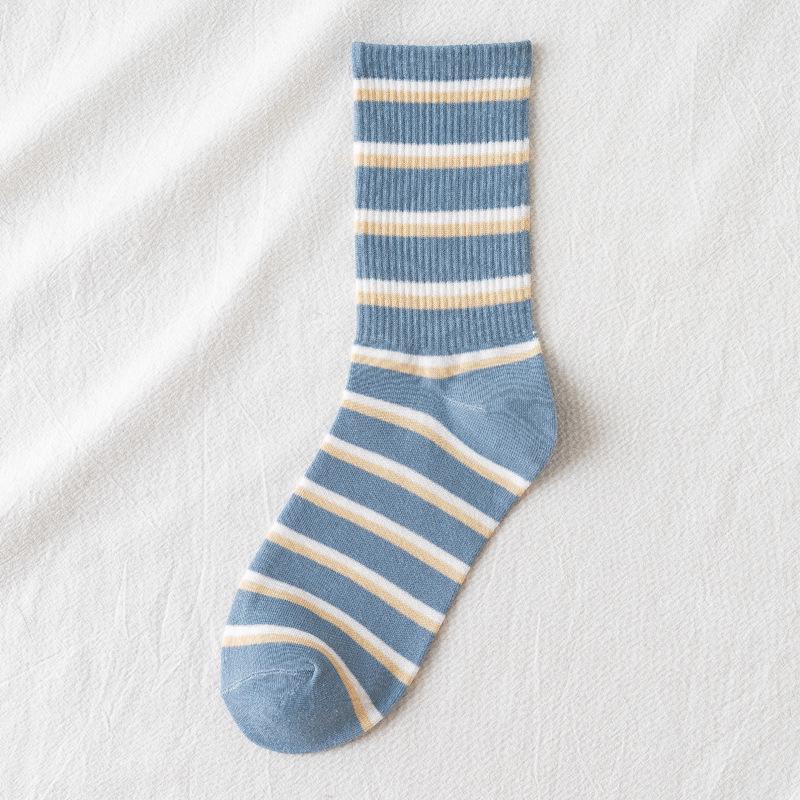 Trendy Coffee Blue Plaid Cotton Mid-Calf Socks, Versatile for Spring/Summer, Korean College Style, Breathable & Sweat-Wicking for Women.