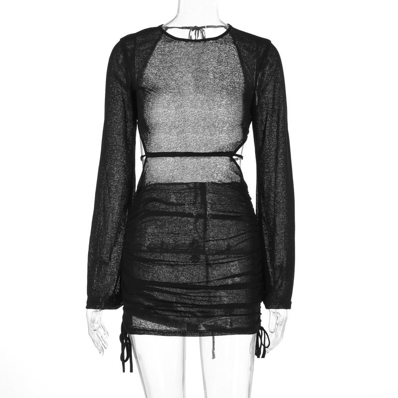 

Vacation Style Cross-Border Summer Women s Clothing Pure Color Long Sleeves Perspective Open Back Lace up Casual Sexy Beach Dress Wholesale Black L